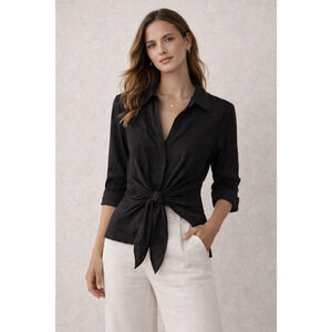 Neiman Marcus Womens 100% Linen Tie Front Top Large Black Quiet Luxury Old Money